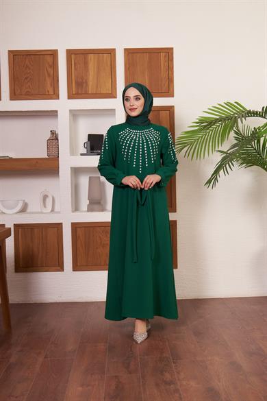 Önü ve Kolları Taş İşlemeli Krep Abiye - Yeşil