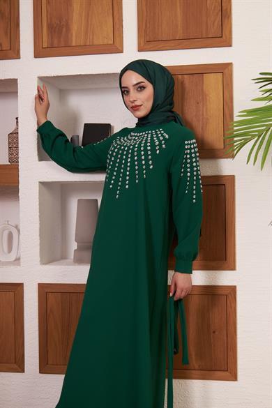 Önü ve Kolları Taş İşlemeli Krep Abiye - Yeşil