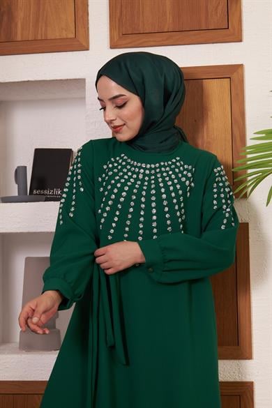 Önü ve Kolları Taş İşlemeli Krep Abiye - Yeşil