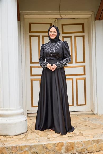 Evening Dress with Stones on the Front and Sleeves - Black