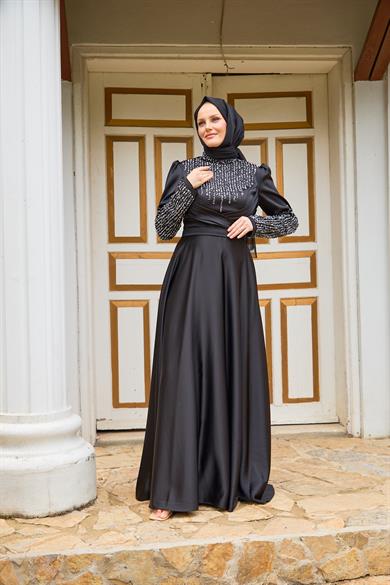 Evening Dress with Stones on the Front and Sleeves - Black