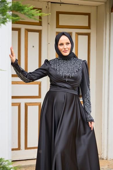 Evening Dress with Stones on the Front and Sleeves - Black