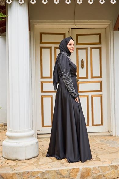 Evening Dress with Stones on the Front and Sleeves - Black