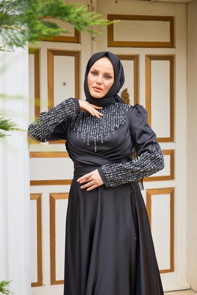 Evening Dress with Stones on the Front and Sleeves - Black