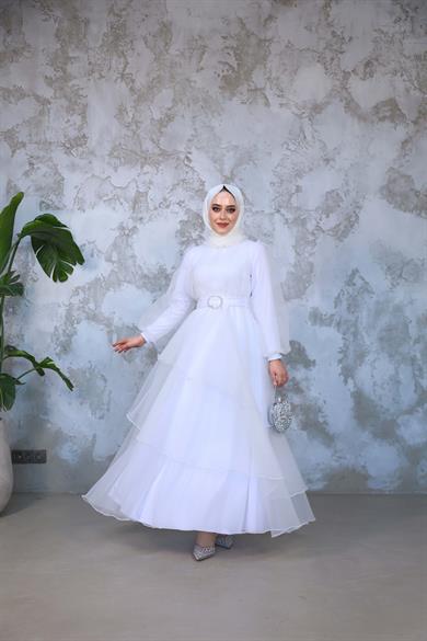 Organze Kat Kat Abiye - Beyaz