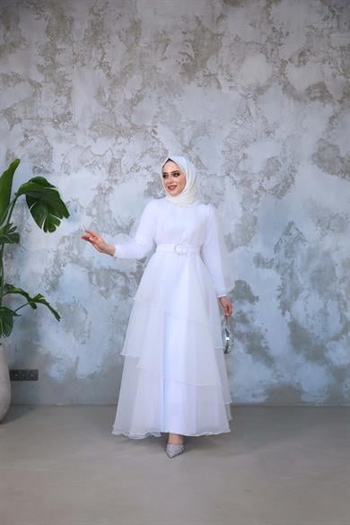Organze Kat Kat Abiye - Beyaz