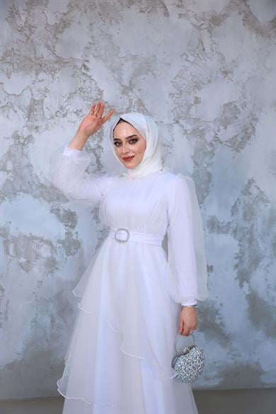 Organze Kat Kat Abiye - Beyaz