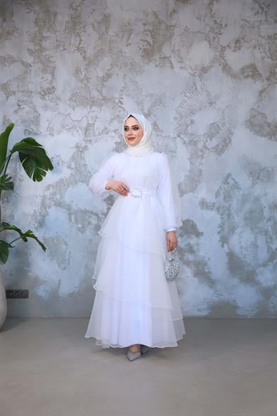 Organze Kat Kat Abiye - Beyaz