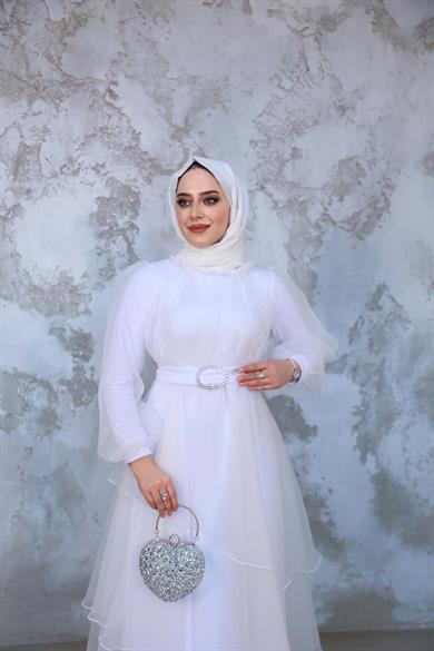 Organze Kat Kat Abiye - Beyaz