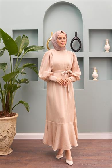 Oylum Belden Bağlamalı Balon Kol Elbise - Bej