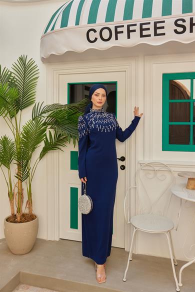 Özel Tasarım Önü Kolu Taş Detaylı Abiye - Lacivert