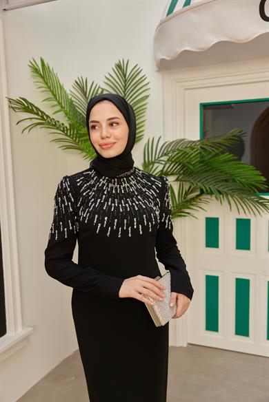 Özel Tasarım Önü Kolu Taş Detaylı Abiye - Siyah