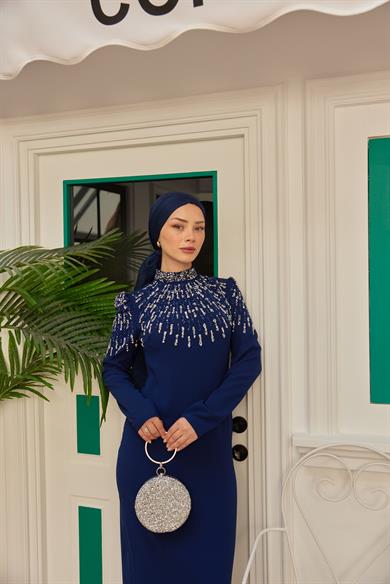 Özel Tasarım Önü Kolu Taş Detaylı Abiye - Lacivert