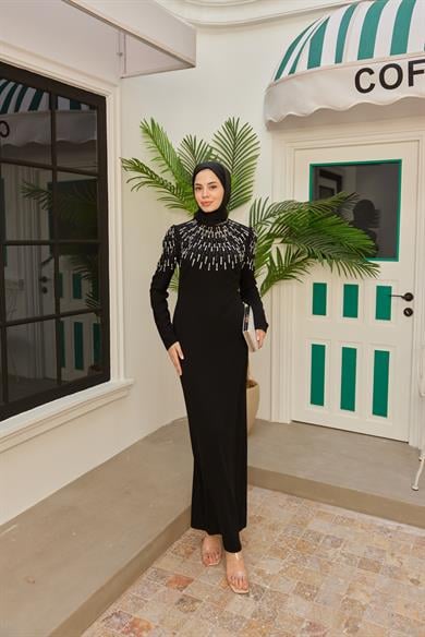 Özel Tasarım Önü Kolu Taş Detaylı Abiye - Siyah