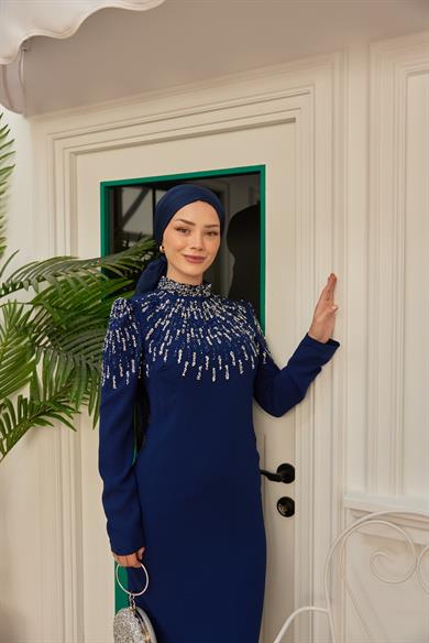 Özel Tasarım Önü Kolu Taş Detaylı Abiye - Lacivert