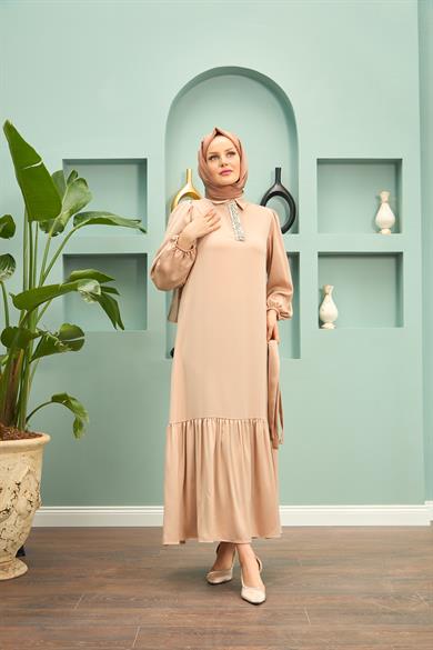 Özün Stone Detailed Evening Dress - Beige