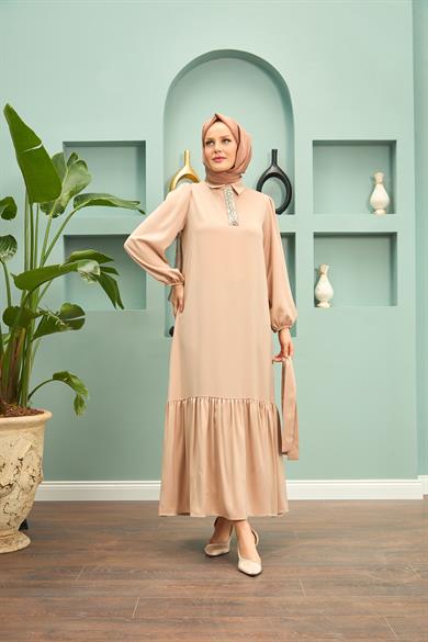 Özün Stone Detailed Evening Dress - Beige