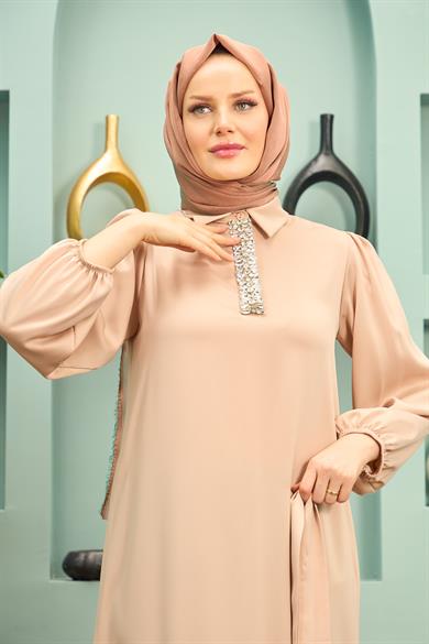 Özün Stone Detailed Evening Dress - Beige