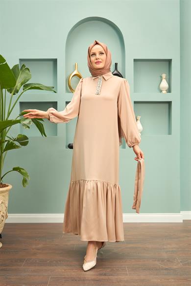 Özün Stone Detailed Evening Dress - Beige