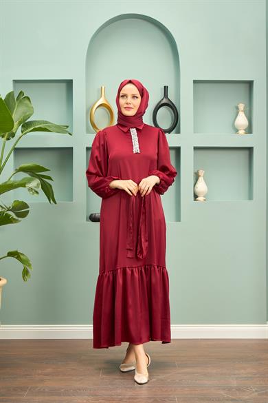 Özün Stone Detailed Evening Dress - Claret Red