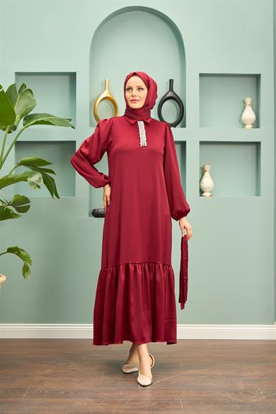 Özün Stone Detailed Evening Dress - Claret Red