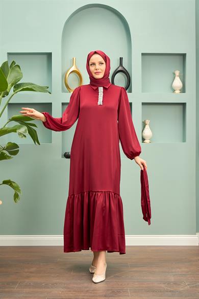 Özün Stone Detailed Evening Dress - Claret Red
