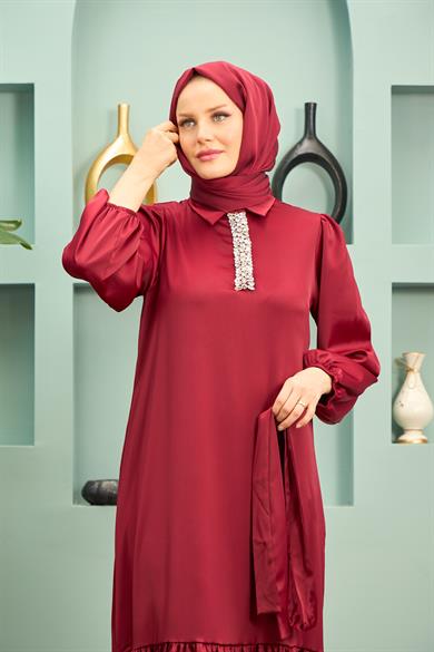 Özün Stone Detailed Evening Dress - Claret Red