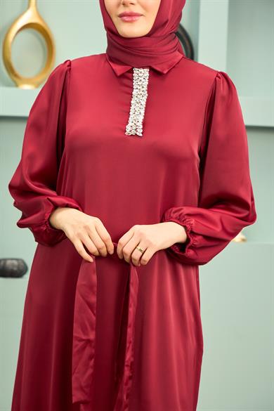 Özün Stone Detailed Evening Dress - Claret Red