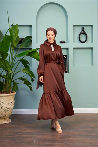 Özün Stone Detailed Evening Dress - Brown