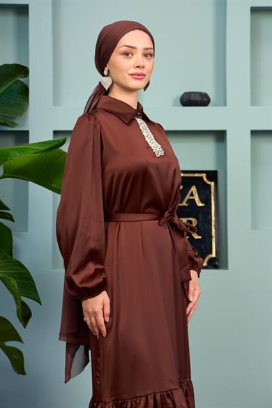 Özün Stone Detailed Evening Dress - Brown