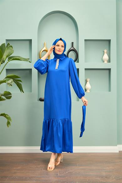 Özün Stone Detailed Evening Dress - Saks Blue