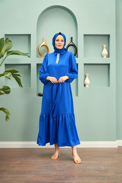 Özün Stone Detailed Evening Dress - Saks Blue