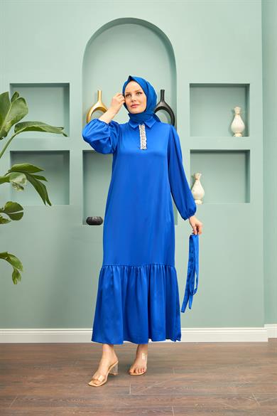 Özün Stone Detailed Evening Dress - Saks Blue