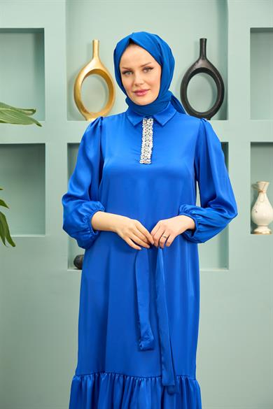 Özün Stone Detailed Evening Dress - Saks Blue