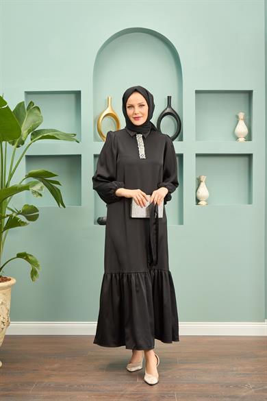 Özün Stone Detailed Evening Dress - Black