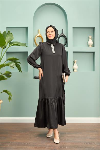 Özün Stone Detailed Evening Dress - Black