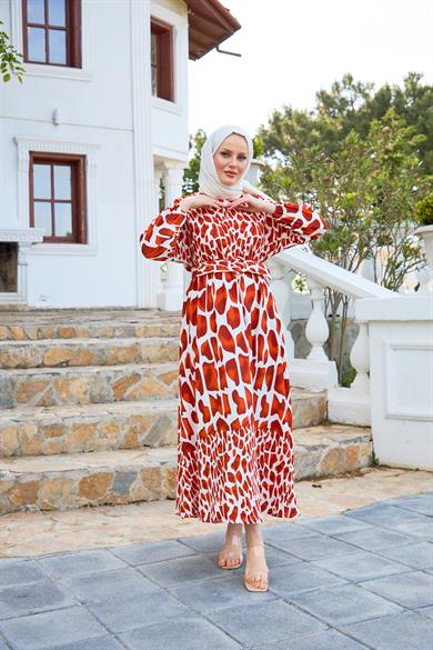 Piece Patterned Belted Dress - Tile