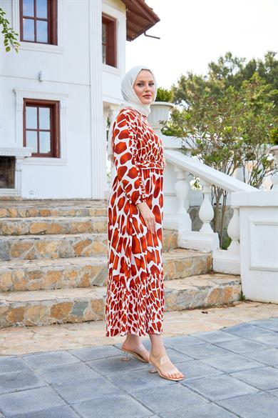 Piece Patterned Belted Dress - Tile