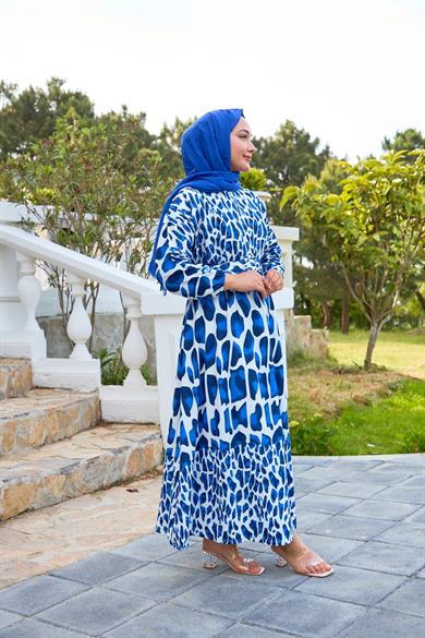 Piece Patterned Belted Dress - Saks Blue