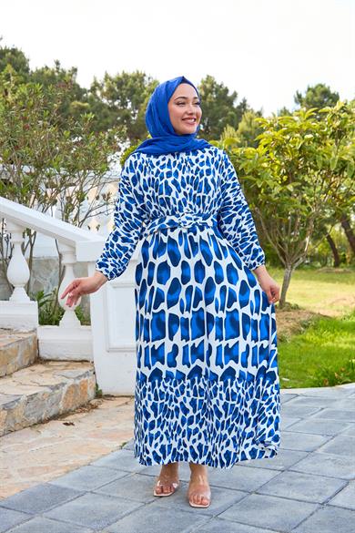 Piece Patterned Belted Dress - Saks Blue