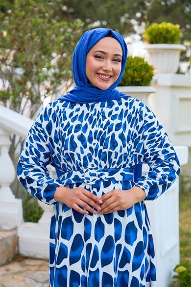 Piece Patterned Belted Dress - Saks Blue