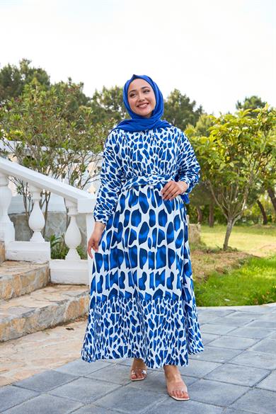 Piece Patterned Belted Dress - Saks Blue