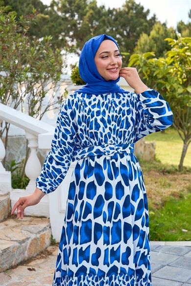 Piece Patterned Belted Dress - Saks Blue