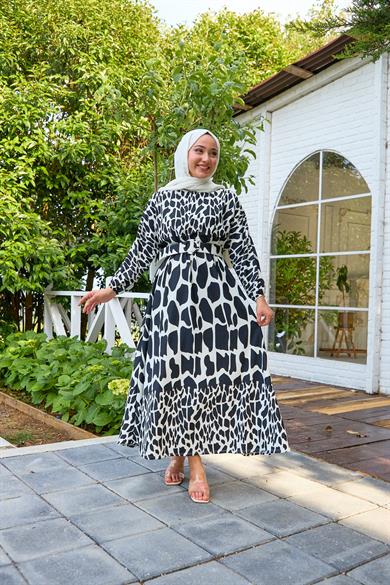 Piece Patterned Belted Dress - Black