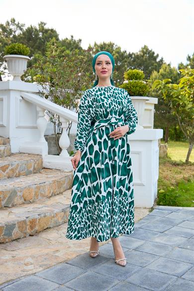 Piece Patterned Belted Dress - Emerald Green