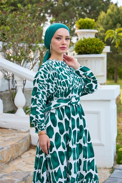 Piece Patterned Belted Dress - Emerald Green