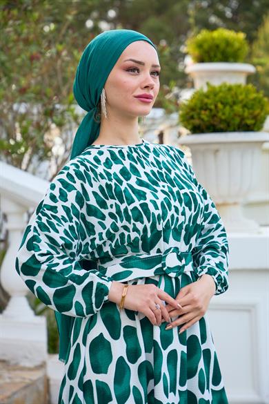 Piece Patterned Belted Dress - Emerald Green