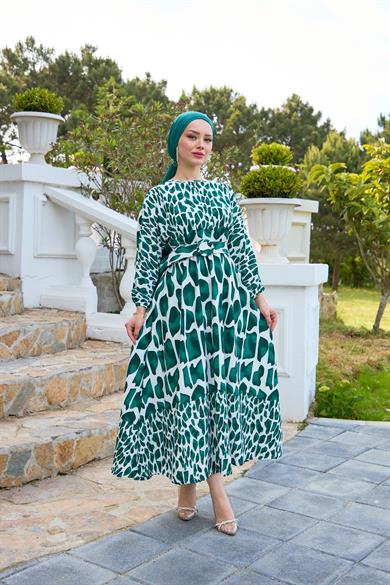 Piece Patterned Belted Dress - Emerald Green
