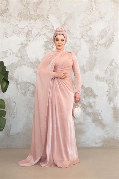 Pelerinli Işıltı Abiye - Gül