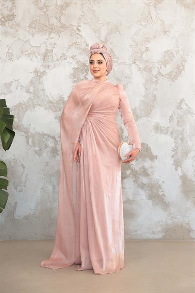 Pelerinli Işıltı Abiye - Gül